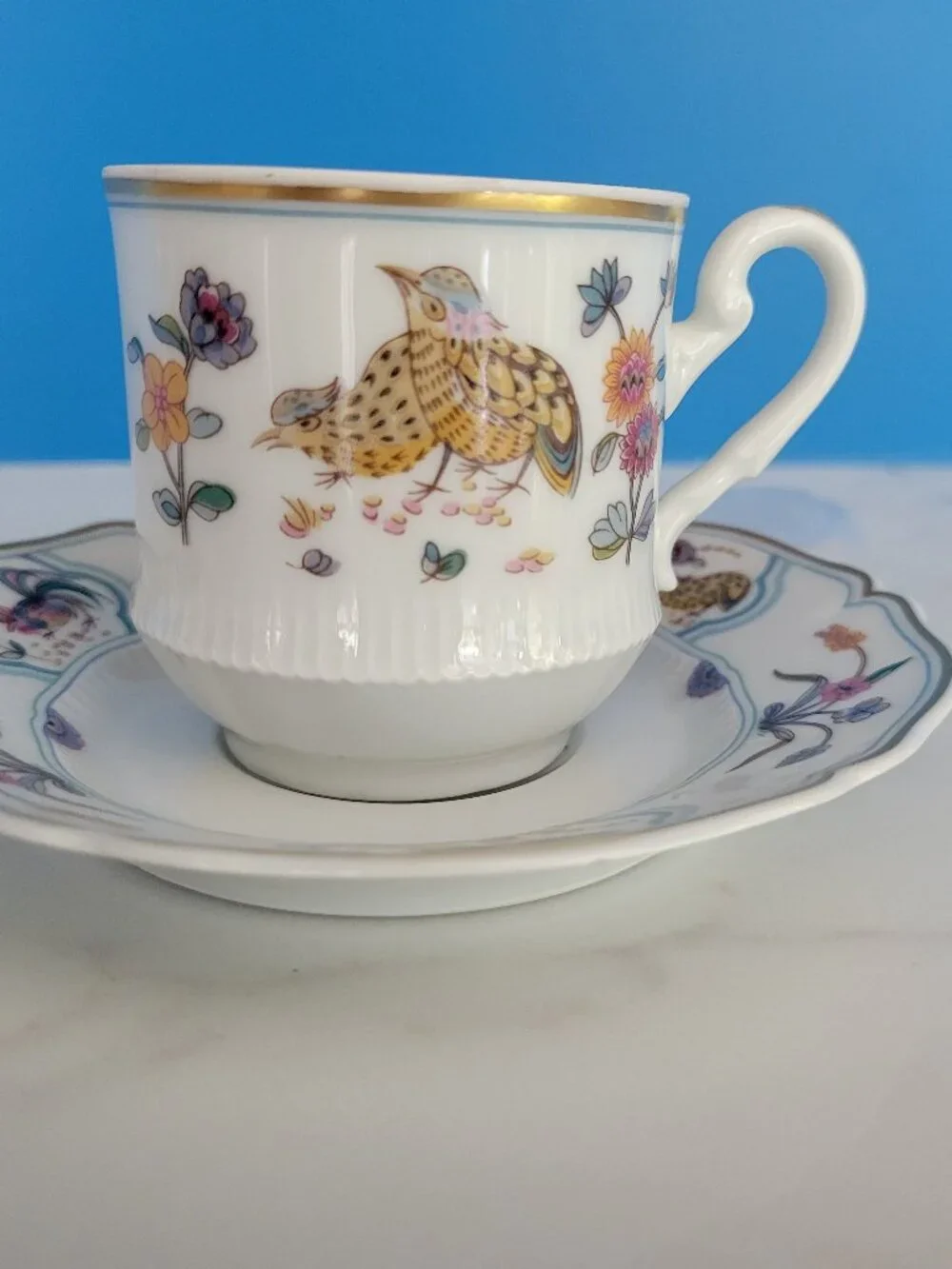 VTG Haviland Limoges France Golden Quail Teacup Saucer Fine China Bird French